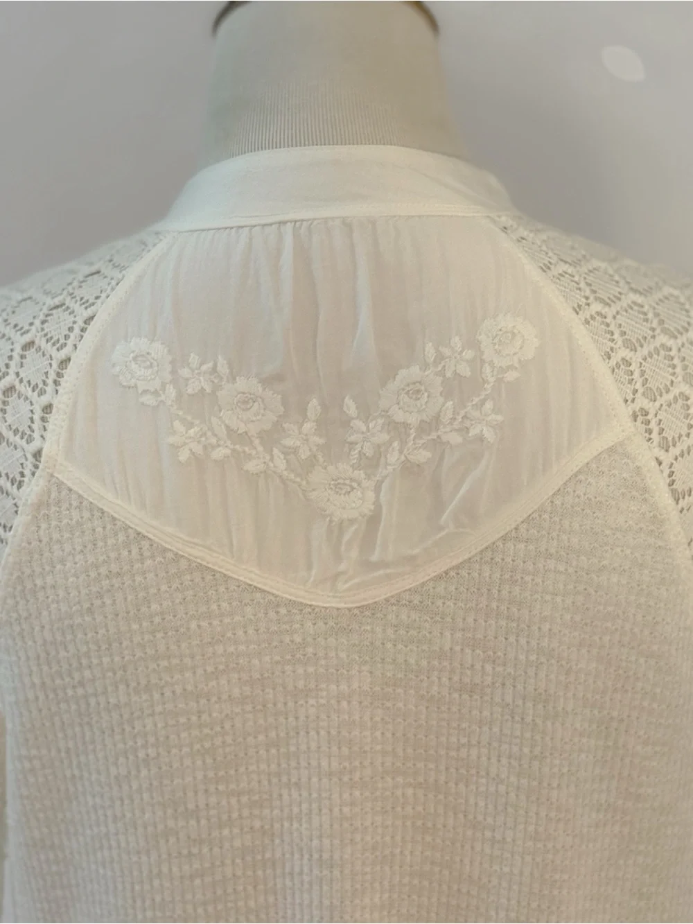 Free People Sweetest Thing Thermal Top Ivory Lace Sleeve Boho Cottagecore